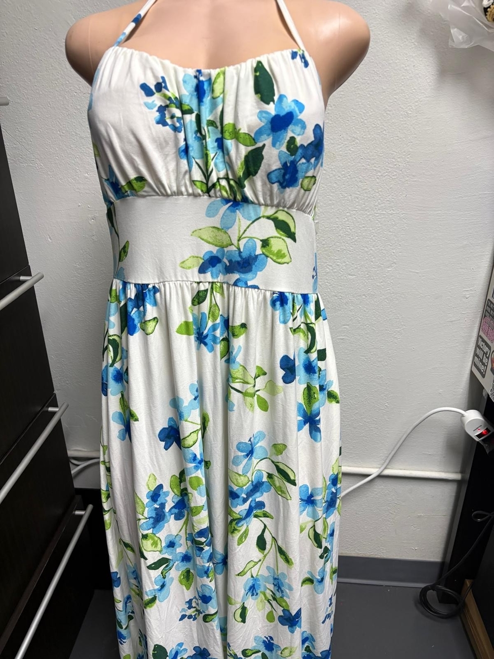 Derek Heart White Halter Maxi Dress with Blue & Green Floral Print